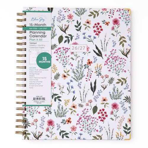 Blue Sky 15 Month 2026-2027 Weekly and Monthly Academic Year Planner Calendar April 2026 - June 2027 8.5 x 11 Hard Cover Wirebound Laminated Tabs Storage Pocket Includes Snap-in Ruler w/Sticky Notes & Sticker Sheet Londonberry White