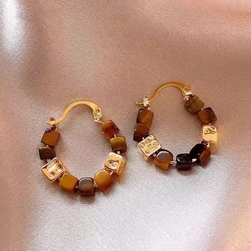 Gold Hoop Earrings, Circle Vintage Earrings with Brown Square Beaded Design, Boho Style, Perfect for Women's Daily Wear and Special Occasions4