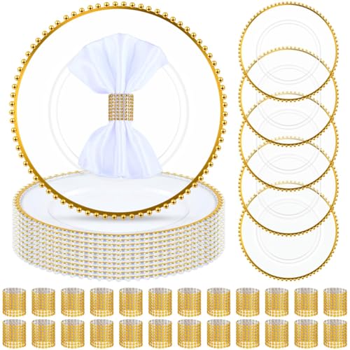 Set 50 platos dorados redondos de plástico 13 in con anillos miniatura 1