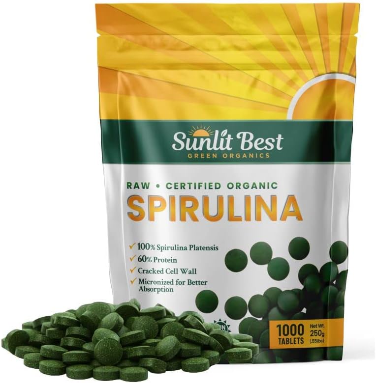 Sunlit Organic Spirulina Tablet. Organic, Raw, Natural, Vegan, Non-GMO. Pure Green Superfood Spirulina Supplement. High Protein, Chlorophyll, Vitamin B 12. No fillers. 1000 Burst Espirulina Tablets