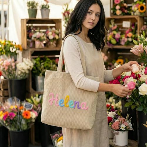 Bolso personalizado de pana, bolso casual de hombro con patrones personalizados de nombre/letras. Bolso de viaje de algodón duradero, regalo ideal para damas de honor, maestros y para Navidad, cumpleaños o luna de miel. miniatura 2