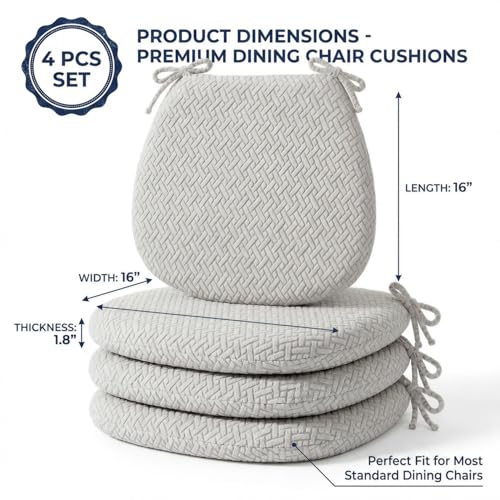 Premium Memory Foam Chair Cushions Set of 4 for Dining Chairs, Ergonomic Seat Cushions with 3D Jacquard Washable Cover, Non-Slip D-Shaped Kitchen Chair Pads with Ties, 16"×16"×1.8" (4, Light Grey) - image 3