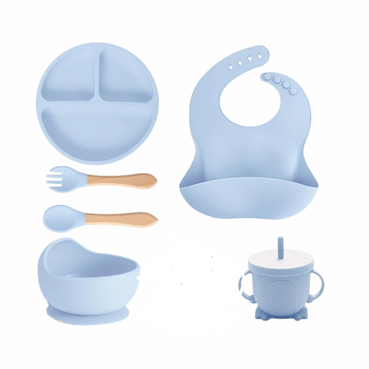 Silicone Baby Feeding Set 6 Pcs Suction Bowl Divided Plate Spoon Cup Bib Finger Brush Baby Led Weaning Set 6+ Months-image-15