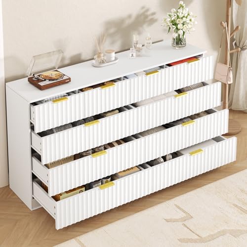 Image of 55.1 inch Wide Fluted 10 Drawer Dresser for Bedroom, White | Modern Dresser for Closet with Metal Handle, Wooden Chest of Drawers for Bedroom, Living Room, Hallway
