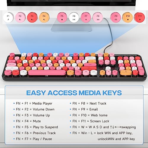 Image of MOWUX Computer Keyboard Wired, Plug and Play USB Retro Round Typewriter Keyboard, Full Size Wired Keyboard with Foldable Stands for Laptop and Office PC- Black Colorful