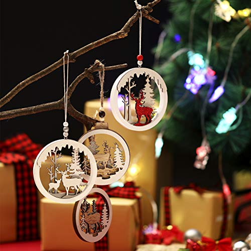 9 Pieces Christmas Hanging Wooden Ornament Hollow Fretwork Wood Carving Ornaments Circle Bauble Glitter Reindeer Ornaments For Christmas Festival Hanging Decoration, 2 Sizes And 6 Styles #TOP5