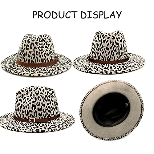 Women Men Leopard Fedora Hat Wide Brim Felt Fedora With Belt Buckle Classic Panama Hat Trilby Hat Beige #TOP3