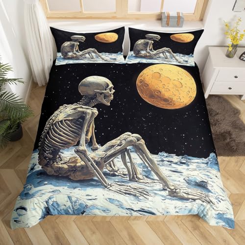Gothic Skull Duvet Cover,Outer Space Skeleton Trippy Quilt Cover(No Filler),Starry Moon Sky Galaxy Planet Glitter Bedding Set with 1 Pillowcase,Kids Room Decor,Toddler Size