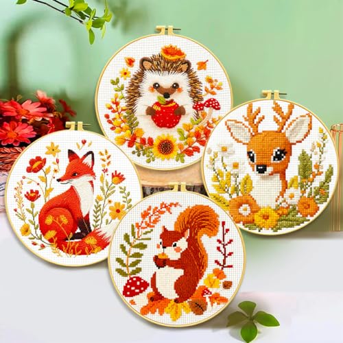 Image of Zhenqing Autumn Animals Cross Stitch Kit - 4-Piece Set with Pre-Printed 11CT 24x24cm Fabric, Hoop & Tools, Fall Theme Animal Designs for Beginners (70412)