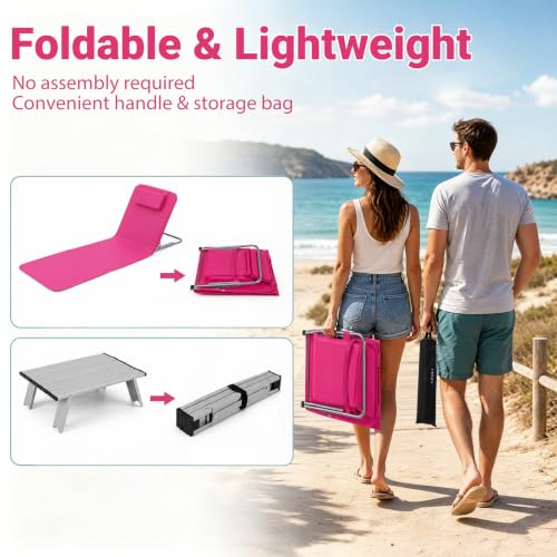 Image of GIANTEX 2 Pack Folding Beach Chairs with Side Table, Pink | Folding Lounge Chairs w /5 Position Adjustable, Patio Chaise Lounge Lightweight Backpack Camping Chairs for Outdoor Sunbathing