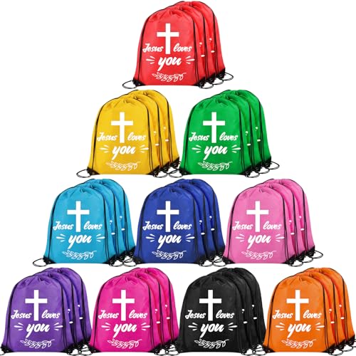 30 Pieces Jesus Loves You Drawstring Backpack Bulk Vacation Bible School Backpack Christian Religious Gifts Bag for Operation Christmas Shoebox Gift Bible Verse Party Favors