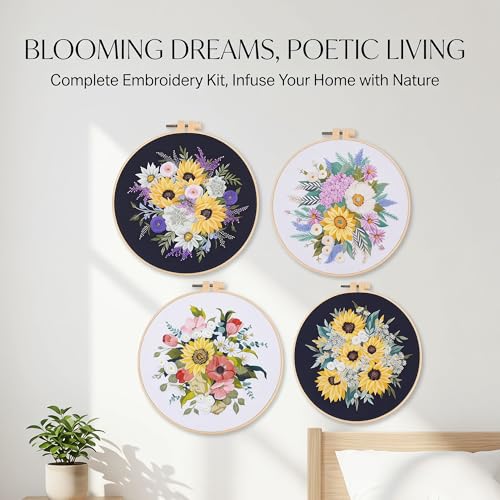 Image of Harimau Adult Beginner Embroidery Starter Kit, Complete Set with 4 Patterns, 2 Hoops, Needles, Scissors, Instruction Guide & Stitching Video Tutorials