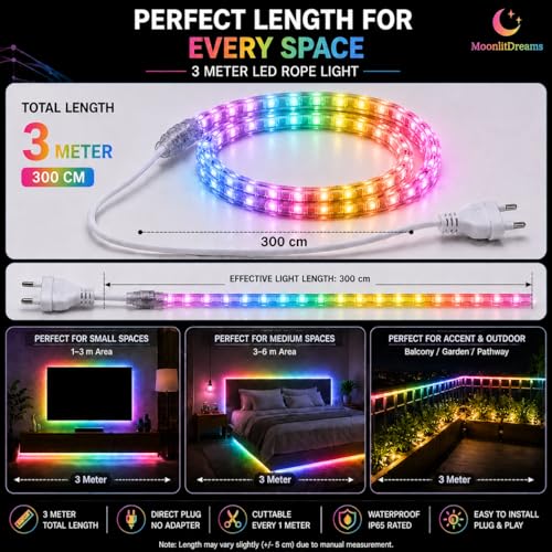 Image of MoonlitDreams 3M LED Rope Light - Multicolor Waterproof Decorative Strip, 48 LEDs /m Plug-in Running Lights for Balcony, Ceiling, Garden, Home, Outdoor, Party, Festival & Christmas Decoration