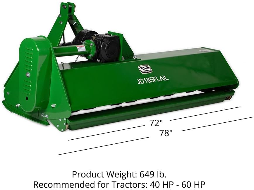 Titan Attachments 3 Point Flail Mower, 72" Green Finish Fits Cat 1 Tractors, Replaceable Hammer Blades, 40-60 HP Mulch and Finish Mower for Uneven Terrain, Lawn Tractor Accessories
