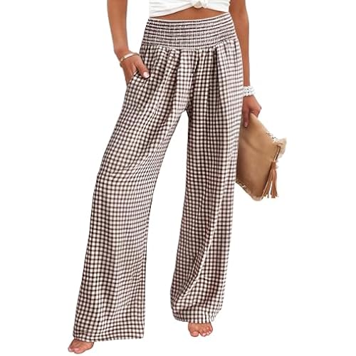 ANRABESS Womens Striped Gingham Wide Leg Palazzo Pants with Pockets