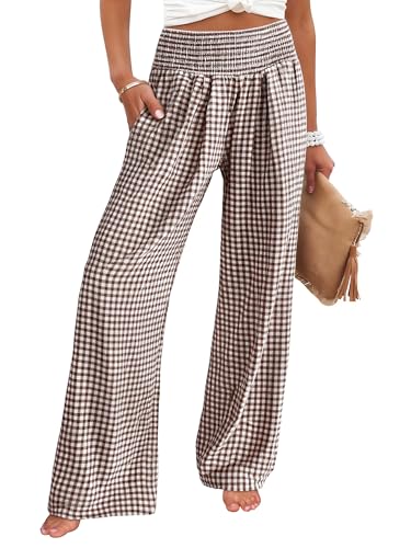 ANRABESS Womens Striped Gingham Palazzo Pants Wide Leg High Waisted Lounge Pajama Pants Cute Casual Trousers with Pockets Brown White Plaid Small