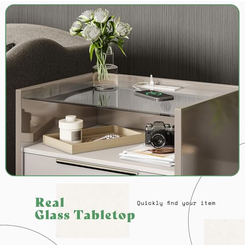 Image of AMERLIFE Nightstand Set of 2, 23.6 inch High Gloss End Table with Glass Tabletop, Modern Bedside Table with Charging Station, 2 Drawers Nightstand for Bedroom, Cream & Gray