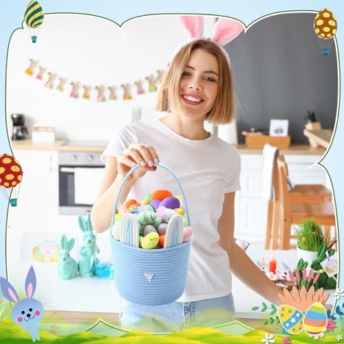 Image of Colingmill 2 Pieces Easter Bunny Basket with Handle Woven Empty Rabbit Basket for Easter Egg Hunt Cute Candy Gifts Storage Party Favors Supplies(White, Blue)