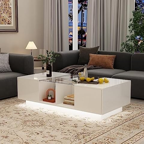 ECACAD Modern LED Coffee Table with Drawers & Open Compartments, Rectangle Coffee Center Table with Glass Top for Living Room, Bedroom, White (47.4" W x 23.6" D x 13.9" H) Cover