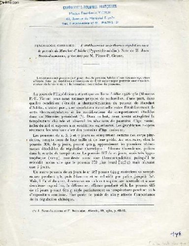 PHYSIOLOGIE COMPAREE, L'ETABLISSEMENT DE LA THERMO REGULATION CHEZ LE POUSSIN DU MANCHOT D'ADELIE (PYGOSCELIS ADELIAE), NOTE