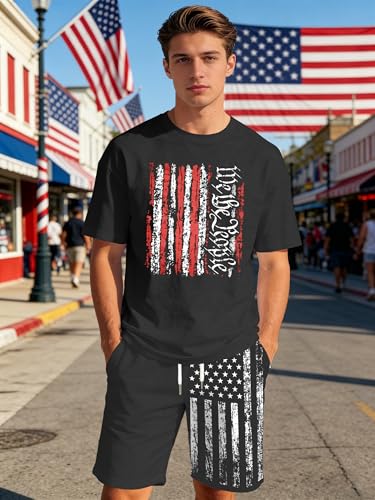 Image of Ithalt Patriotic Shirts for Men 4th of July Outfit 2 Piece Set Short Sleeve and Shorts American Flag 250th Anniversary