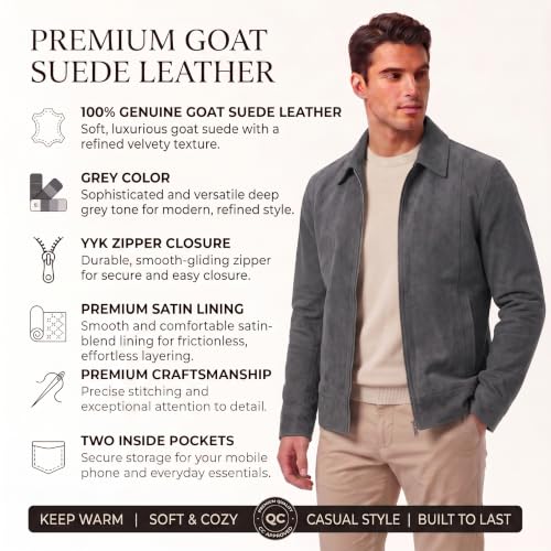 Image of Mens Polo Collar Zipper Suede Shirts Long Sleeve Shacket Suede Trucker Jacket Real Suede Leather Shirt