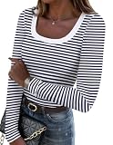 Zeagoo Long Sleeve Tops for Women Blue and White Striped Shirts Fitted Rib Knit T Shirt Basic Tee Undershirt