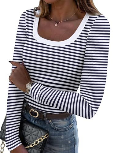 Image of Zeagoo Blue and White Striped Shirts for Women Casual Basic Long Sleeve Scoop Neck Top 2025 Fall Clothes
