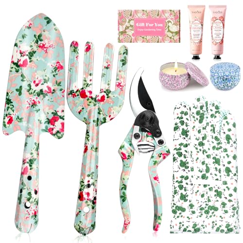Gardening Gifts For Women, Garden Tools Set Floral Print Fork Trowel Set, Birthday Gift For Women Friends Mum, Gifts for Mothers Day Christmas, With Candles, Hand Creams, Gloves (Pink)