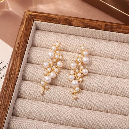 Long Cluster Pearl Dangle Earrings for Women Bohemian Vintage Pearl Tassel Statement Earrings Exaggerated Pearls Chandelier Earrings Wedding Jewelry (White) by Stringex - Image 5