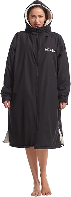 Hiturbo Waterproof Changing Robe-Windproof Warm Robe Oversized Coat Surf Poncho with Fleece Lining Black