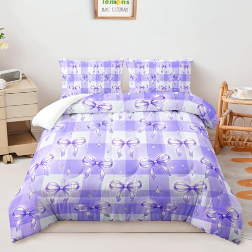 Image of AILONEN Violet Checkered Comforter Full 3 Piece Preppy Bow Bedspread Breathable Fabric Padded Quilt Teens Cool Room Decoration Plaid Pattern Lavender Cover 2 Shams