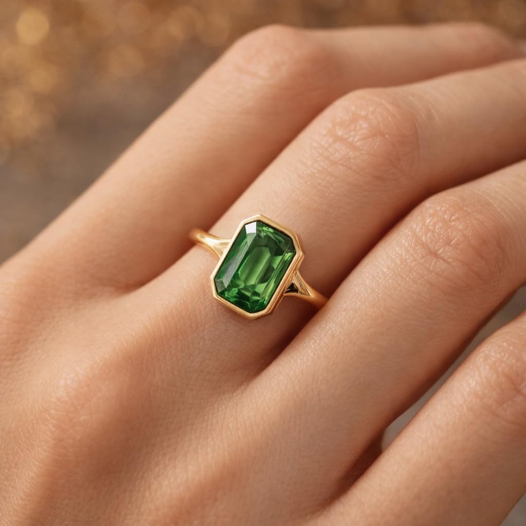 Emerald Cut Green Sapphire Solitaire Ring for Women 14K Yellow Gold Bezel Set Minimalist Engagement Promise Ring Gift for her