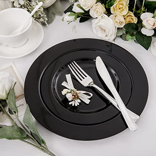 Flowercat 60Pcs Black Plastic Plates - Heavy Duty Black Disposable Plates For Party/Wedding - Include 30Pcs 10.25Inch Black Dinner Plates And 30Pcs 7.5Inch Black Dessert/Salad Plates #TOP4