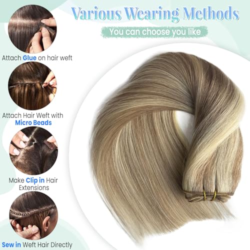Image of Sew In Hair Extensions Real Human Hair 12 Inch Weft Extensions Real Remy Hair Golden Blonde Balayage Blonde Highlights Double Weft Full Head Straight Hair Weaves 80G Hair Weft Bundles Straight Hair