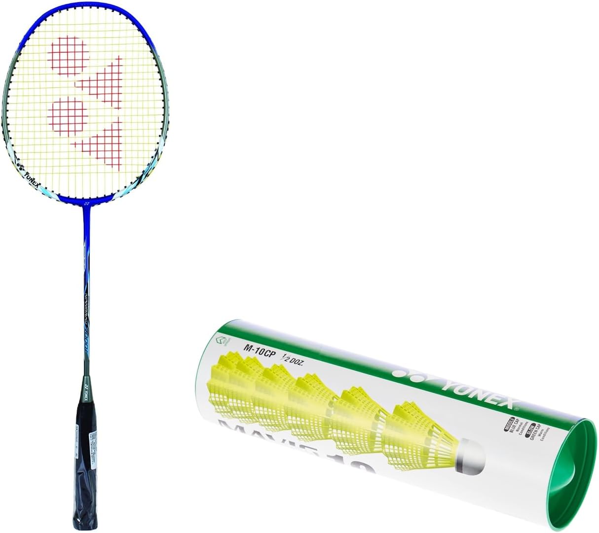 YONEX Nanoray 7000I G4-2U Aluminum Badminton Racquet with Full Cover (Blue) & Yonex Mavis 10 Nylon Shuttlecock, Yellow, Pack of 6 | Made in Japan (Green Cap)