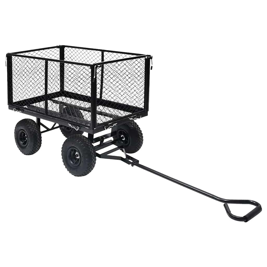 Gartenwagen Schwarz aus Stahl 86x46,5x97 cm mit 350 kg Tragkraft, Seitenwände zum Öffnen, PU-Gummiräder, Transportwagen für Garten, Sackkarre, Rollwagen, Trolley, Plattformwagen