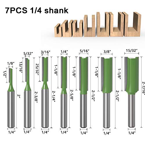 Router-Bit Set 1/4"Shank-Straight Cut Coohlyee 7 Pcs Router Bits Set Carbide Tipped Double Flute Straight Cut Router Bits Straight Bit For Trimming Cutter Cut Dia 1/8" 5/32" 3/16" 1/4" 5/16" 3/8" 15/32" #TOP1