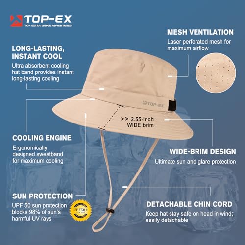 Image of Mens Wide Brim Golf Bucket Cooling Sun Hat L XL Extra Large Size UV Protection Boonie Sunhat Summer Hiking Outdoor Fishing SPF50 Khaki