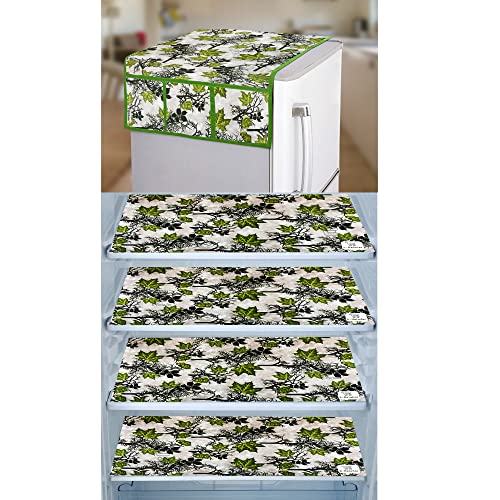 Image of Combo Set of Flower Print 1 Pc Fridge Top Cover with 6 Utility Pockets And 4 Pc Fridge Mats (Green, Set of 5) (1FC4FM-GRPFLW-GRN)