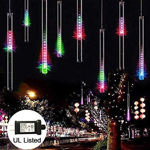 UL Certified Falling Rain Lights, Adecorty Meteor Shower Lights 30cm 8 Tube 144 LED Snow Falling Raindrop Lights, Cascading Icicle Lights for Xmas Tree Holiday Party Wedding Home Decor (Multi Color)