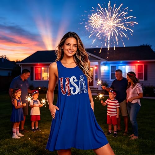 Image of Roshop Womens Juneteenth Flag Sleeveless Dress 4th of July Patriotic Swing Sundress with Pockets