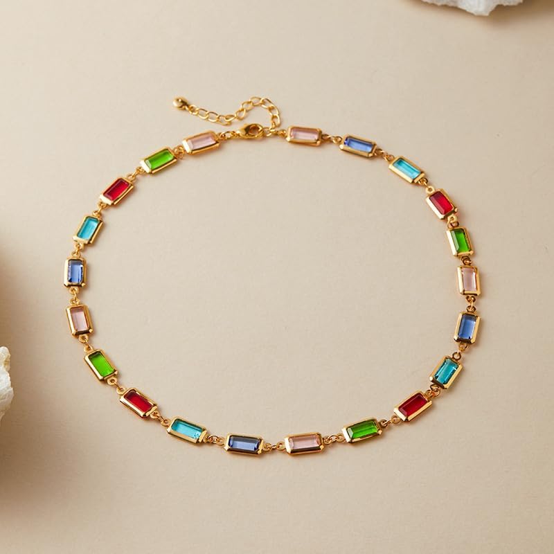 Dainty Rectangular Colorful Rhinestones Glass Chain Necklace for Women Gold Minimalist Geometric Multicolor Rainbow Diamond Beaded Adjustable Choker Summer Boho Trendy Jewelry for Her - Image 4
