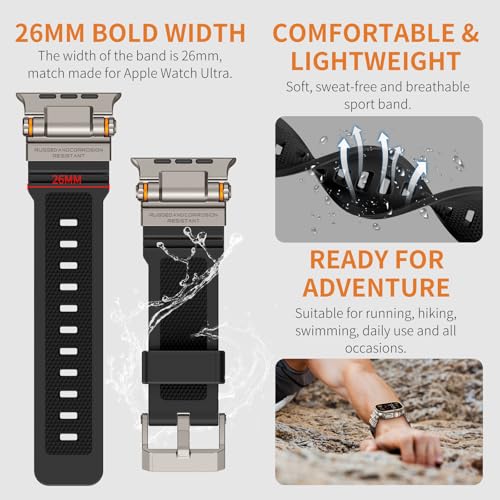 Image of FOAMUNOC Rugged Band Compatible with Apple Watch Ultra 3 /2 /1 Band 49mm /46mm /45mm /44mm /42mm, Metal Connector with Strap for iWatch Ultra Series 11 /10 /9 /8 /7 /6 /SE3 /SE2 /SE /5 /4 /3 /2 /1, Black /Titanium