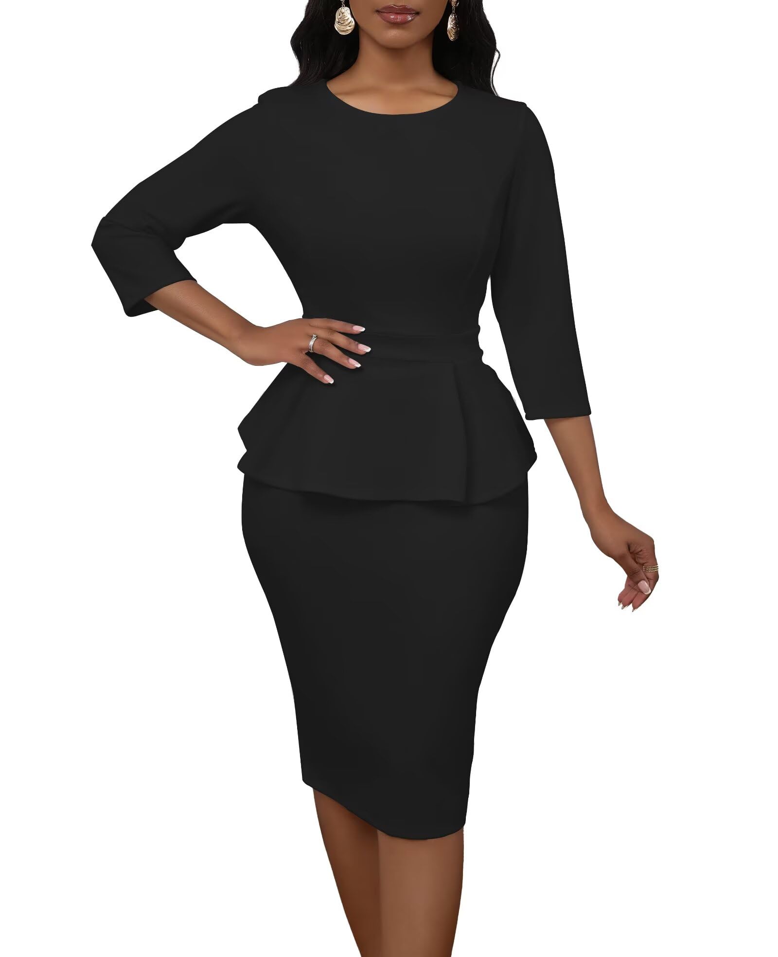 Womens Sexy 2 Piece Suit Skirt Set 3 4 Sleeve Peplum Birthday Midi Pencil Skirt Suit Bodycon Church