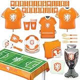 World Cup Official National - Juego de 77 piezas para 6 invitados, platos, vasos, servilletas, cubiertos, globos de jersey, decoraciones, kit de celebración para fanáticos del partido (Holanda)