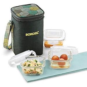 Borosil – Food Luck Glass Lunch Box Set of 3, 320ml, Square, Olive, Microwave Safe Office Tiffin