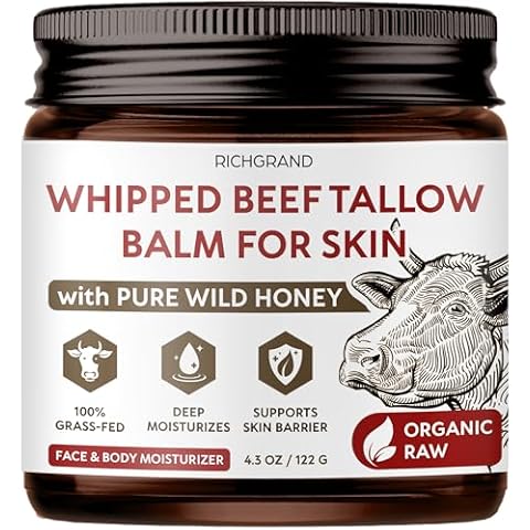 RICHGRAND Beef Tallow for Skin - Whipped Grass-Fed Moisturizer with Wild Honey & Beeswax, Natural Face & Body Care, Deep Hydration, Anti-Aging, Sensitive Skin Safe, 100% Organic Balm Cover