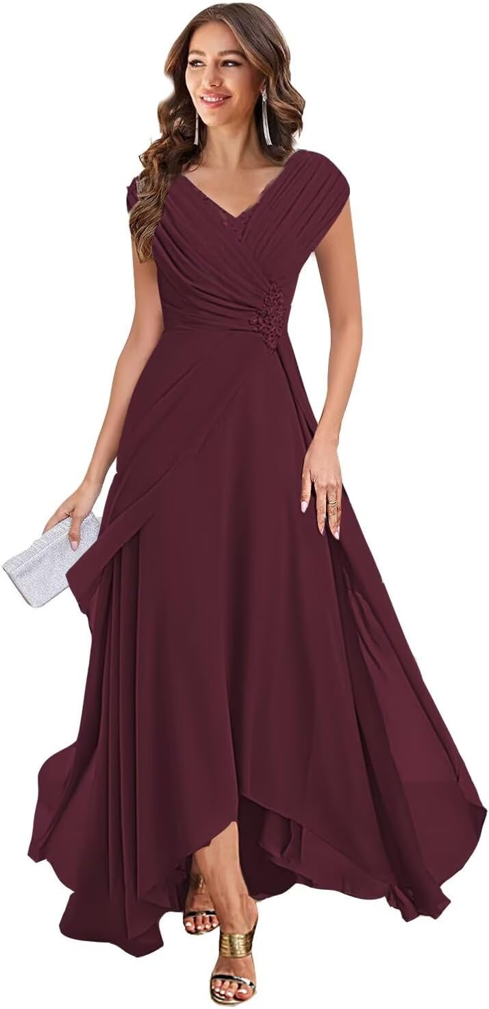 Women's V Neck Mother of The Bride Dresses Cap Sleeves Chiffon Pleated Mother Groom Dresses DK007 - Image 4