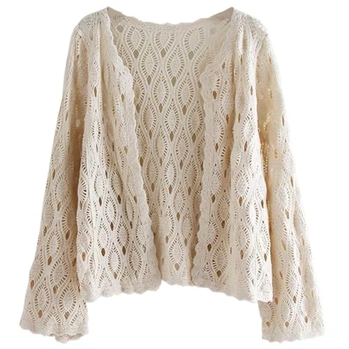 CNAFGBGG 1pc Sommer -Strickjacken für Frauen Baumwolle Creme weiße Langarm Hohlaushöre Häkelketten Boho Florale Frühling atmungsaktivem Häkelknit Kimono.